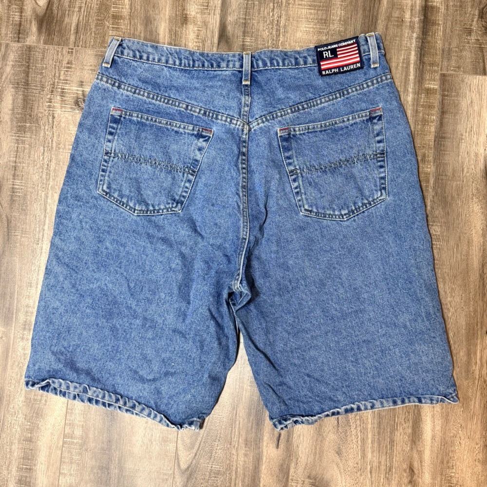 Vintage‎ Polo Jeans Co Ralph Lauren Mens 36 Blue Denim Banner Shorts Flag Logo